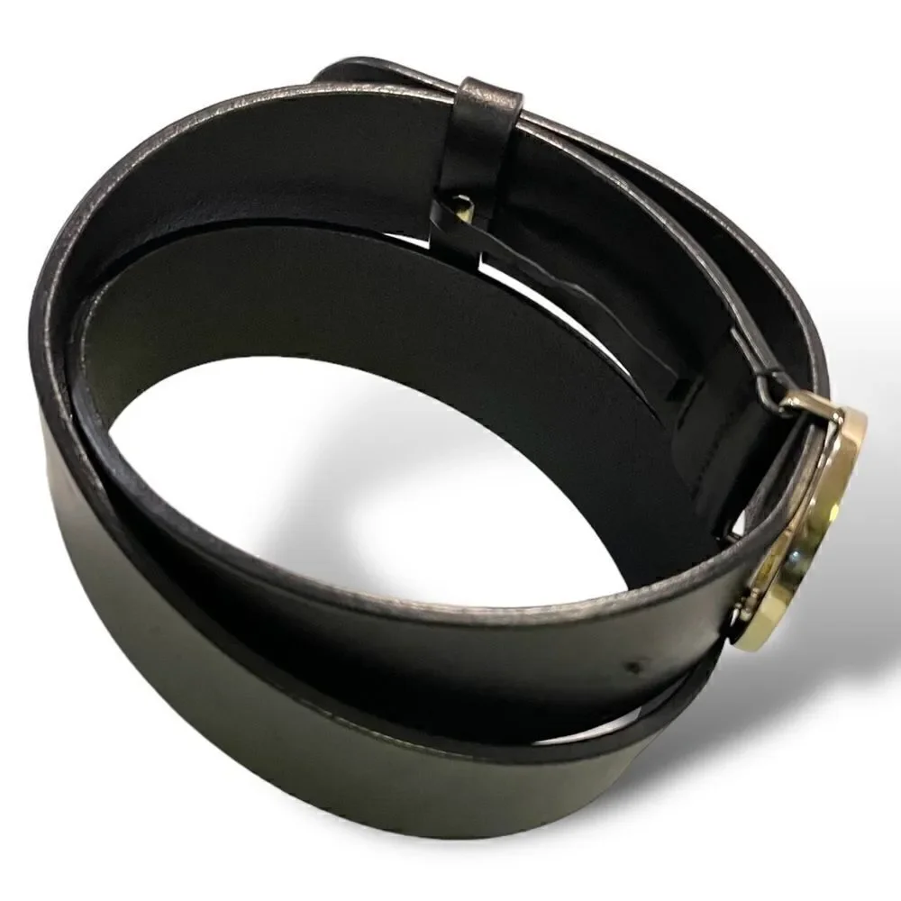 GUCCI Womens Champagne Gold G Buckle Black Leather Belt |Size: 32”|